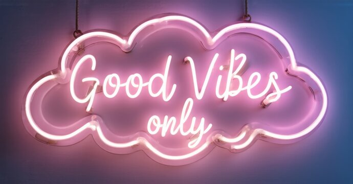 Neon sign good vibes only floating cloud glowing warm pastel hues soft outlines creating relaxed mood bright colorful realistic photo