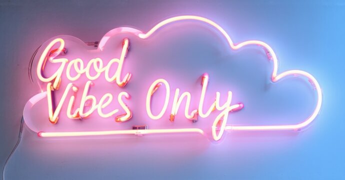 Neon sign good vibes only floating cloud glowing warm pastel hues soft outlines creating relaxed mood bright colorful realistic photo