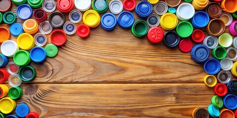 Colorful plastic bottle cap collage on a wooden table, colors, abstract,  colors, abstract, creative, close-up,vibrant, detailed