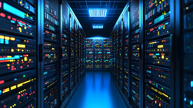 Blue Lit Server Racks In Data Center Technology Environment