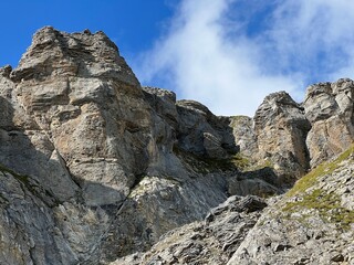 Rocks and stones above Lake Melchsee or Melch Lake and in the Uri Alps mountain massif, Melchtal - Canton of Obwalden, Switzerland (Kanton Obwald, Schweiz)
