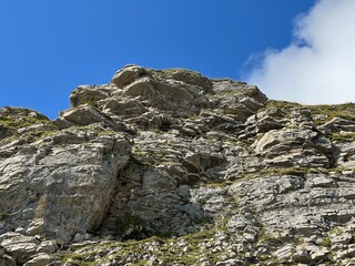 Rocks and stones above Lake Melchsee or Melch Lake and in the Uri Alps mountain massif, Melchtal - Canton of Obwalden, Switzerland (Kanton Obwald, Schweiz)