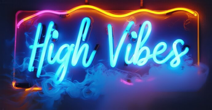 Neon sign high vibes floating smoke trails psychedelic color waves glowing abstract patterns bright colorful realistic photo