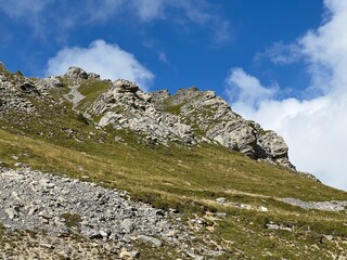 Rocks and stones above Lake Melchsee or Melch Lake and in the Uri Alps mountain massif, Melchtal - Canton of Obwalden, Switzerland (Kanton Obwald, Schweiz)