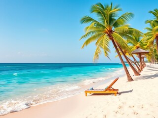Obraz premium Tropical beach scene with lush palm trees, soft sand, and clear blue ocean under bright sun