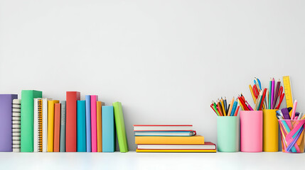 Colorful Books and Stationery Arranged on a White Shelf with Bright Lighting