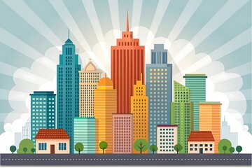 Fototapeta premium Vibrant Cityscape Illustration Modern Buildings, Sunburst Design