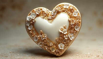 Fototapeta premium Elegant Gilded Heart with Delicate White and Beige Pressed Flower Border