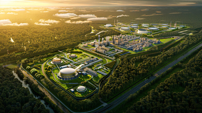 Aerial Overview of a Large Industrial Complex Surrounded by Forests and Greenery at Sunset