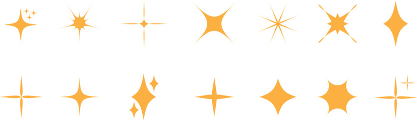 Futuristic sparkle star icons set. Abstract cool shine effect sign yellow flat vectors. Flash symbols. Template for poster, project, banner, logo and business cards isolated on transparent background.