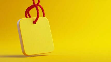 Bright Yellow Tag Hanging on Red Rope Against Vibrant Yellow Background