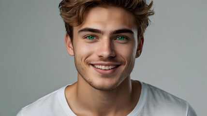 Obraz premium a handsome young man with green eyes smiles brightly at the camera, exuding confidence and charm