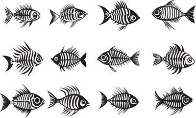 Skeleton Fish Collection – Hand-Drawn Tribal Fish Bone Vector Set. Great for tattoos, seafood restaurant branding, and nautical-themed designs.
