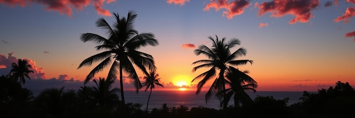 Obraz premium Breathtaking sunset over tropical paradise featuring silhouetted palm trees against colorful sky