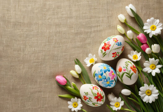 The country linen is decorated with Easter eggs of spring flowers