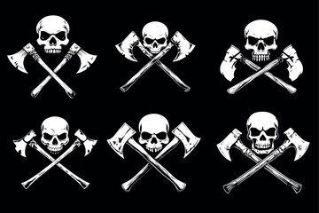 Black and White Skull with Axes – Dark Gothic Warrior Emblem Vector. Great for heavy metal album covers, biker club logos, and horror artwork.