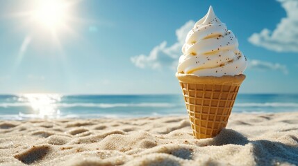 Ice cream cone on sunny beach, ocean view. Perfect for summer, vacation, and dessert themes.
