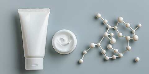 White cosmetic cream tube and molecular structure on grey background | Skincare product with molecular formula representation