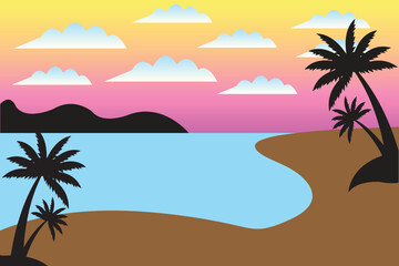 Scalable vector illustration of a tropical sunset beach with a gradient sky and palm silhouettes. Perfect for high-quality prints and design projects.