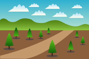 Obraz premium A scenic countryside landscape with a dirt road, lush greenery, and a bright sunny sky—ideal for backgrounds and prints.