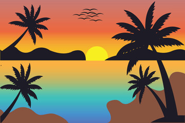 Beautiful sunset landscape with a peaceful lake, distant mountains of dry trees and grass  