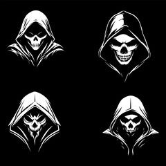 Hooded Skeleton Face Vector – Grim Dark Reaper Illustration Set. Ideal for gothic-style clothing, tattoo designs, and horror book covers.