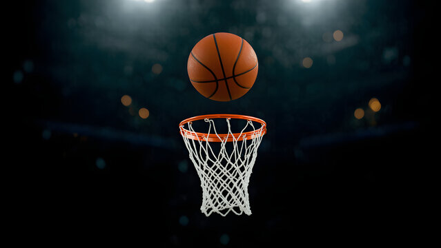 Basketball in Mid-Air Above the Hoop