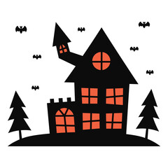 Silhouette of Haunted House Halloween Isolated on White Background.