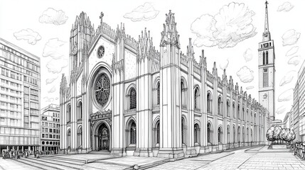 Fototapeta premium Monochrome Sketch Of A Church Building With Modern Skyscraper Background