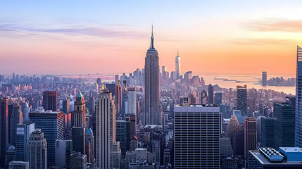 Obraz premium Panoramic City Skyline At Sunset With Orange And Pink Hues Reflecting On Skyscrapers In The Distance