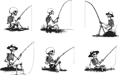 Skeleton Fishing Vector – Funny Grim Reaper Fisherman Illustration. Perfect for T-shirts, fishing club logos, and humorous gothic-themed designs.