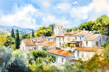 Watercolor village panorama, sunny day, hills background, idyllic scene