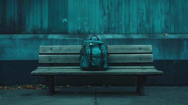 Teal backpack sits on a weathered bench. Perfect for themes of travel, waiting, or solitude.