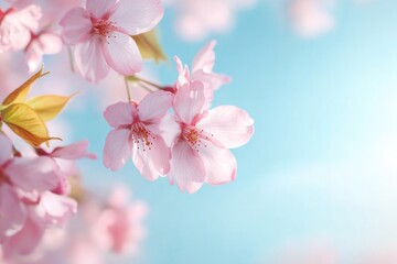 Obraz premium close-up of blooming cherry blossoms on sunny day capturing delicate pink petals against clear blue sky with ample