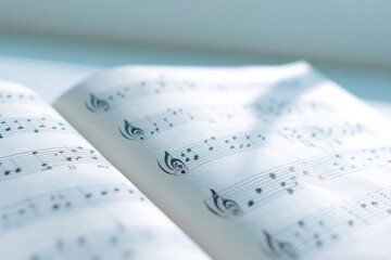 close-up of open sheet music displaying intricate musical notes across staves against soft natural lighting creating