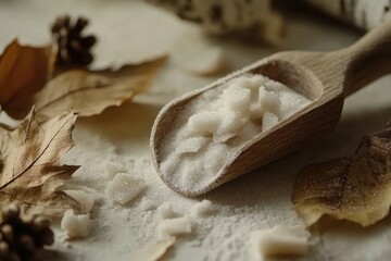 Wooden scoop filled with granulated sugar, surrounded by autumn leaves. Perfect for food blogs, recipes, or autumnal themes.