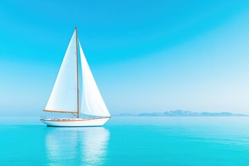 Fototapeta premium lone sailboat drifts on tranquil waters under bright blue sky with distant mountains on horizon