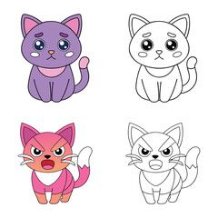 Cute Cartoon Cat Coloring Pages Set