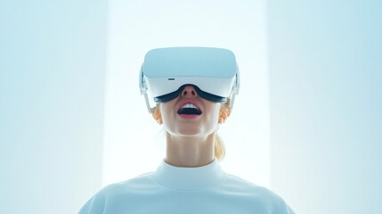 person wearing vr headset in minimalistic room visibly thrilled illustrating virtual reality engagement scene is bright