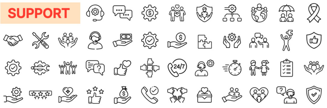 Support & Customer Service Outline Icon Bundle – Helpdesk, Technical Assistance, Business Support, 24/7 Care - Powered by Adobe