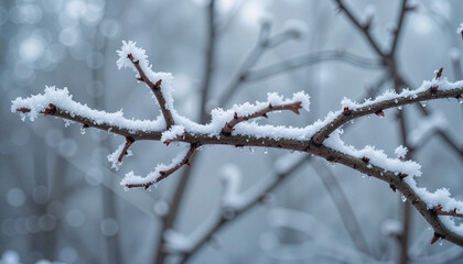 Intricate frost-covered branch against soft winter background, nature's beauty
