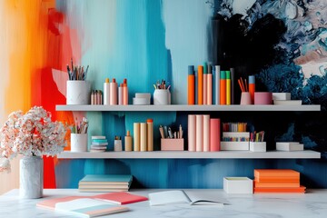 Colorful Artistic Office Shelves Filled With Stationery, Flowers, And Books Set Against A Vibrant Backdrop In A Creative Space