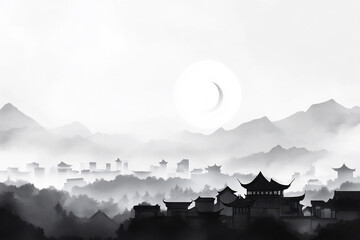 Fototapeta premium a chinese-style ink painting background with the sun rising over tradition