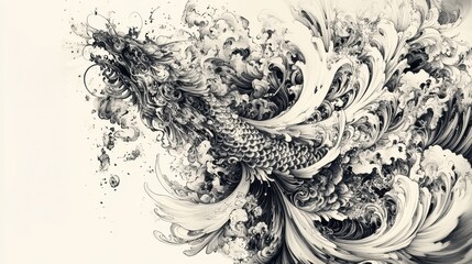 Dynamic koi fish illustration underwater art monochrome aesthetics creative expression artistic viewpoint