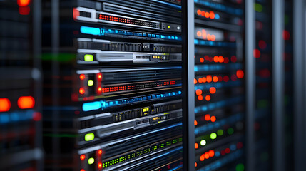 Naklejka premium Server Racks Illuminated with Red And Green Lights in Data Center