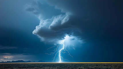 Intense Lightning Strike Illuminating Dark Night Sky over Arid Landscape