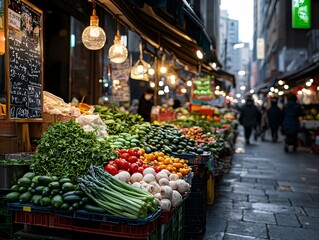 Fototapeta premium time-lapse fusion of a lively food market, fresh produce being arranged, people coming and going, golden hour light shifting into artificial evening glow, warm and inviting street photography,