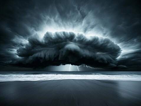 time-lapse fusion of a storm rolling in over the ocean, dark clouds morphing, lightning striking in the distance, waves crashing against the shore, dramatic and moody seascape photography, no