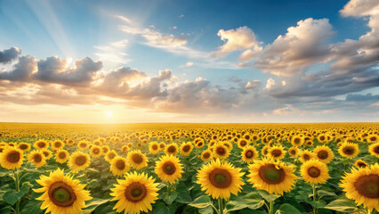 Fototapeta premium Vibrant sunflower field under a bright sky at sunset.