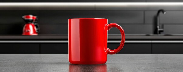 Red Mug Front View in Minimalist Kitchen With Sleek Design and Modern Fixtures Under Ambient Lighting